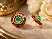 Load image into Gallery viewer, Red Enamel &amp; Green Cabochon Disc Stud Earrings