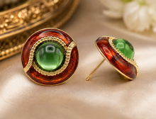 Load image into Gallery viewer, Red Enamel &amp; Green Cabochon Disc Stud Earrings