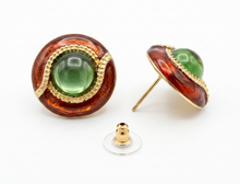 Load image into Gallery viewer, Red Enamel &amp; Green Cabochon Disc Stud Earrings