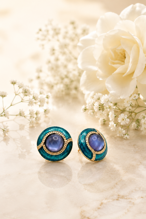 Teal Enamel & Blue Cabochon Disc Stud Earrings