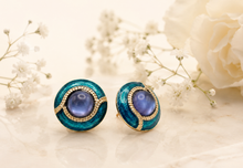 Load image into Gallery viewer, Teal Enamel &amp; Blue Cabochon Disc Stud Earrings