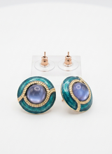 Load image into Gallery viewer, Teal Enamel &amp; Blue Cabochon Disc Stud Earrings