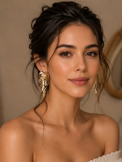Gold Ribbed Leaf & Pearl Stud Earrings