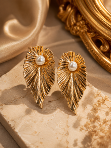 Gold Ribbed Leaf & Pearl Stud Earrings