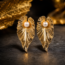 Load image into Gallery viewer, Gold Ribbed Leaf &amp; Pearl Stud Earrings