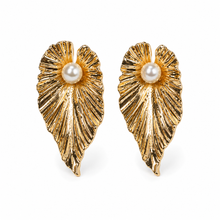 Load image into Gallery viewer, Gold Ribbed Leaf &amp; Pearl Stud Earrings