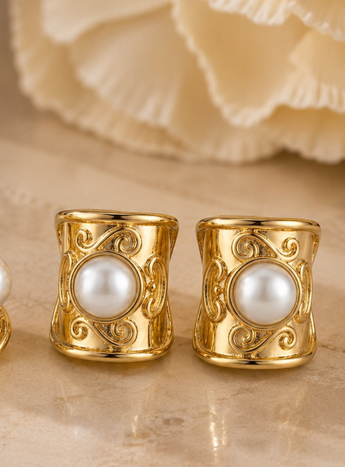 Gold Scroll Barrel Pearl Stud Earrings