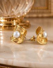 Load image into Gallery viewer, Gold Scroll Barrel Pearl Stud Earrings