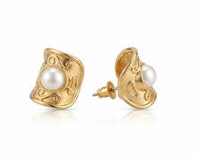 Load image into Gallery viewer, Gold Scroll Barrel Pearl Stud Earrings