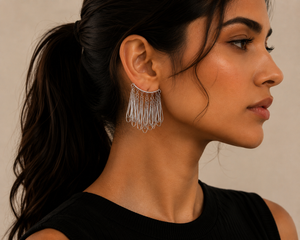 Silver-Toned Crescent Fringe Tassel Dangler Earrings
