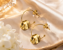 Load image into Gallery viewer, Gold Hammered Disc Hoop Earrings