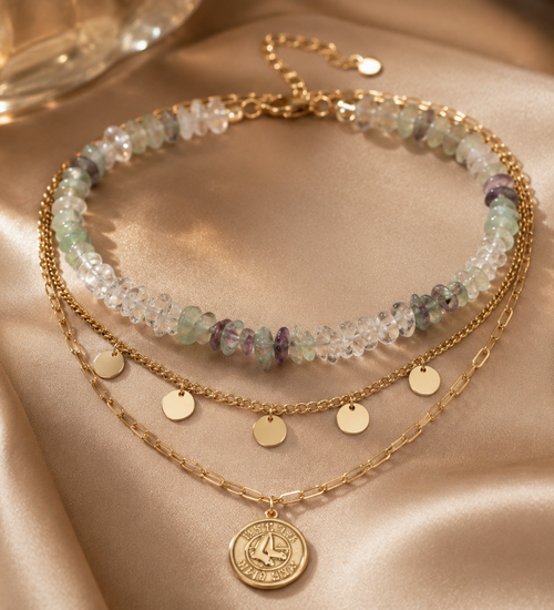 Fluorite Beaded Layered Coin Necklace
