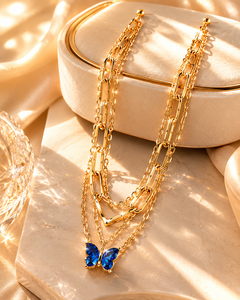 Gold Layered Paperclip Chain Sapphire Butterfly Necklace