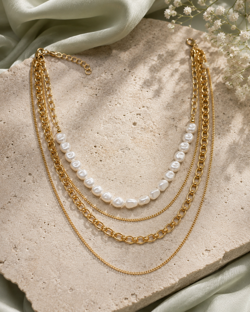 Pearl & Gold Multi-Chain Layered Necklace
