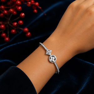 Silver-Plated Clover and Star Floral Motif Cubic Zirconia Bangle Bracelet
