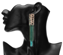 Load image into Gallery viewer, INTRICATELY CARVED LONG TEAL N SKY BLUE EARRINGS WITH METAL TASSEL