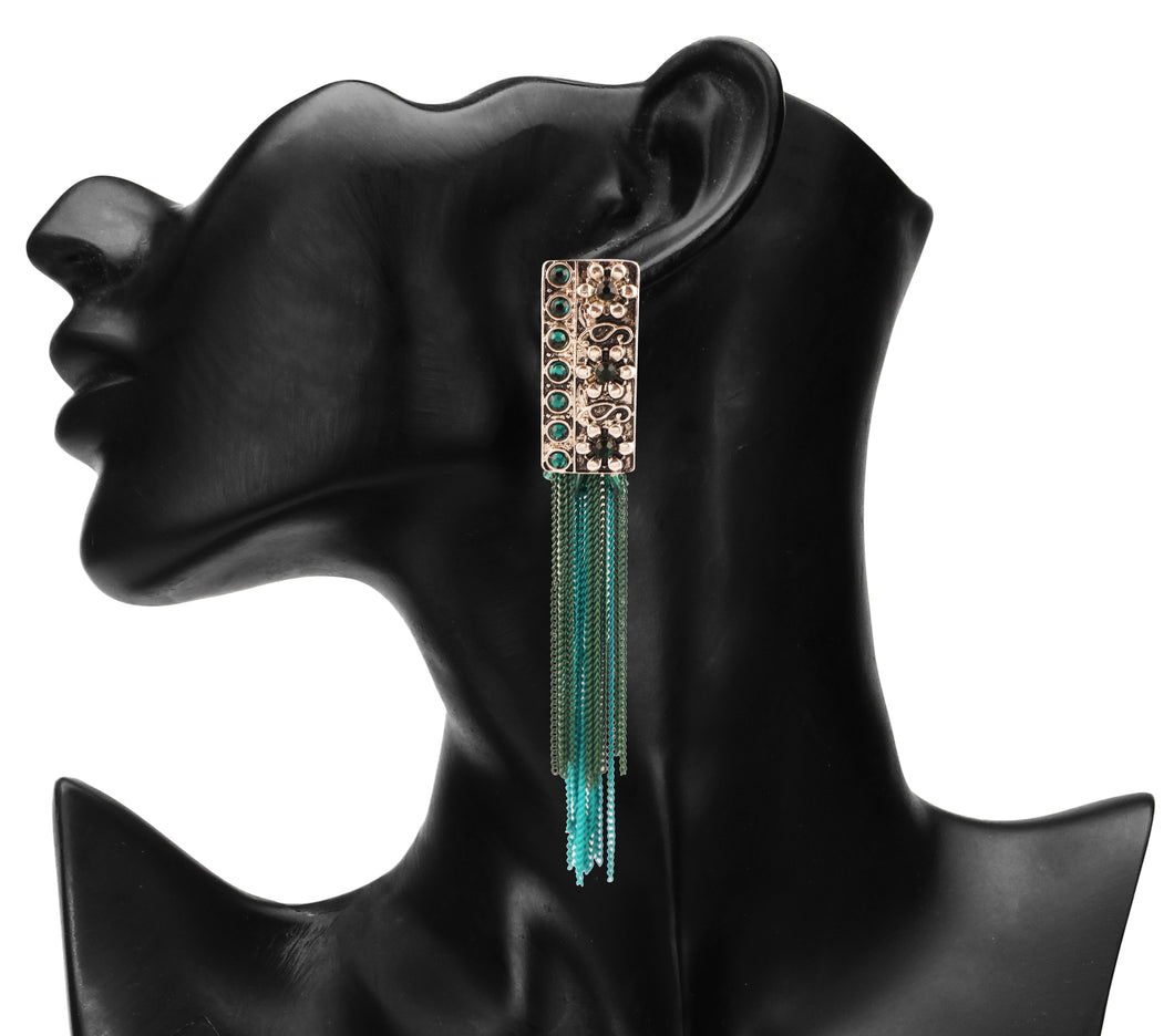 INTRICATELY CARVED LONG TEAL N SKY BLUE EARRINGS WITH METAL TASSEL