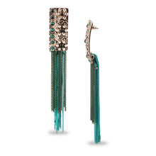 Load image into Gallery viewer, INTRICATELY CARVED LONG TEAL N SKY BLUE EARRINGS WITH METAL TASSEL