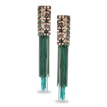 Load image into Gallery viewer, INTRICATELY CARVED LONG TEAL N SKY BLUE EARRINGS WITH METAL TASSEL
