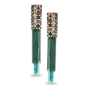 INTRICATELY CARVED LONG TEAL N SKY BLUE EARRINGS WITH METAL TASSEL