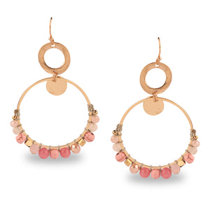 GOLD RING SHAPED EARRINGS EMBELLISHED WITH PINK BEADS