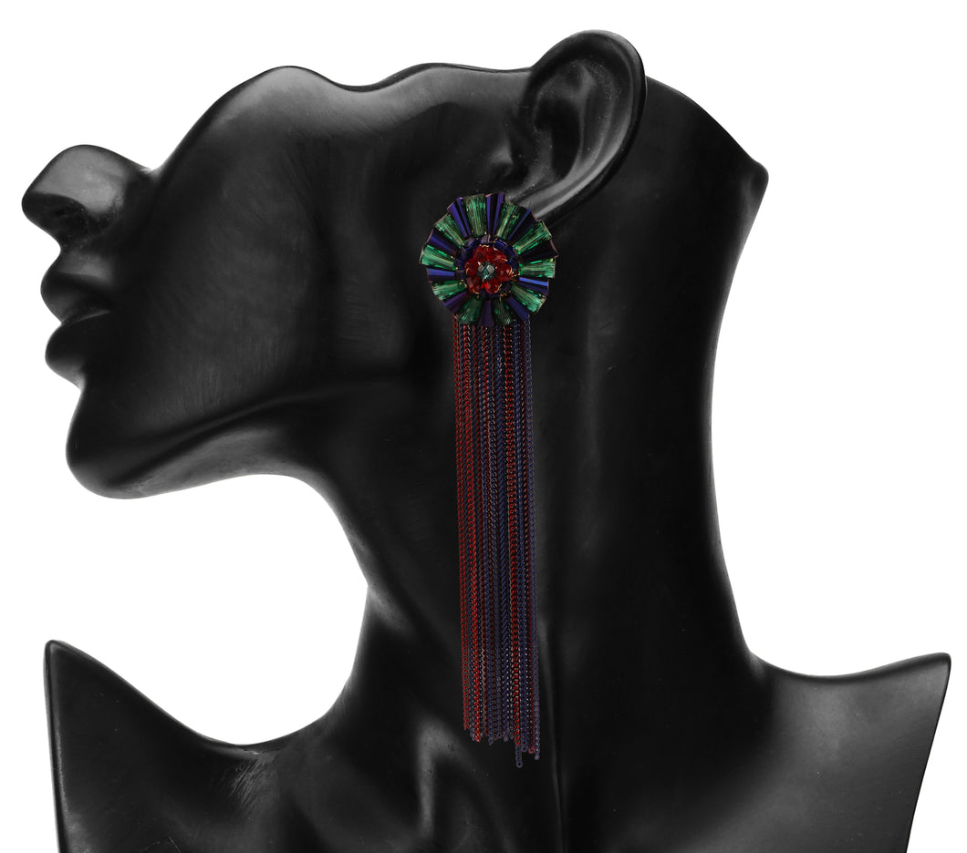 METAL TASSEL, FLORAL STUD, LONG EARRINGS