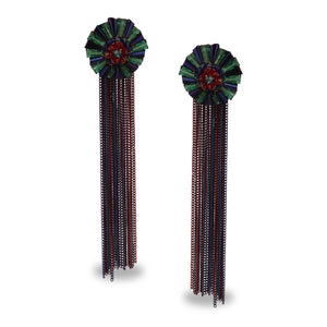 METAL TASSEL, FLORAL STUD, LONG EARRINGS