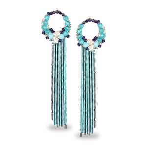TURQUOISE METAL TASSEL EMBELLISHED LONG DESIGNER EARRINGS
