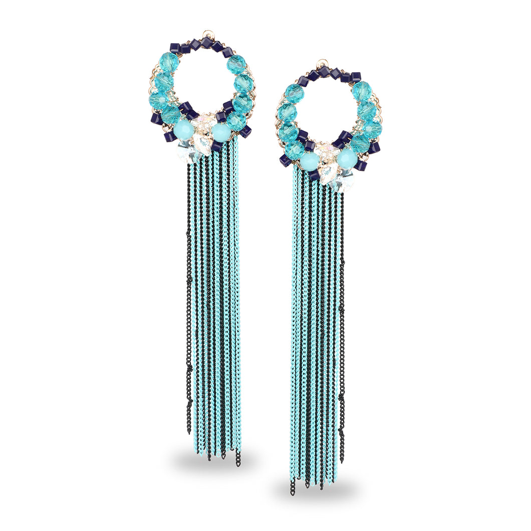 TURQUOISE METAL TASSEL EMBELLISHED LONG DESIGNER EARRINGS