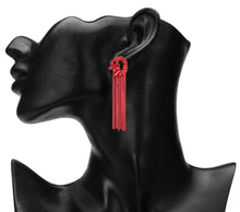 Load image into Gallery viewer, FLORAL METAL TASSEL RUBY RED LONG DESIGNER EARRINGS