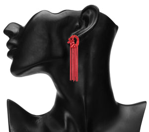 FLORAL METAL TASSEL RUBY RED LONG DESIGNER EARRINGS