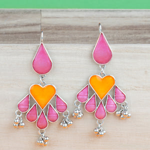 Silver Long Earings | Ethnic | Minakari | Pink | Orange | Danglers