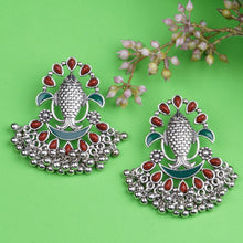 Load image into Gallery viewer, Silver Earing | Multicolor | Minakari | Chand Ballies | Ghungroo | Green