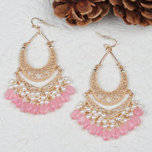 Load image into Gallery viewer, Ethnic | Gold Plated Long Earings | Chand Ballies | Pearl | Pink