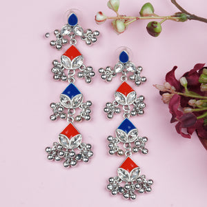 Silver Long Earing | Multi Color | Minakari | 4 Layered | Danglers