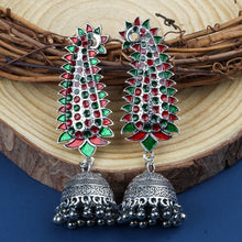 Load image into Gallery viewer, Silver Long Earing | Minakari | Multicolor | Jhumka | Green