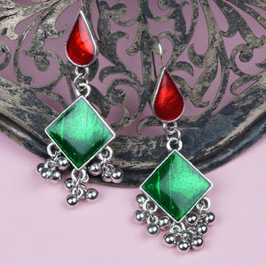 Silver Long Earings | Ethnic | Minakari | Green | Red | Hooks