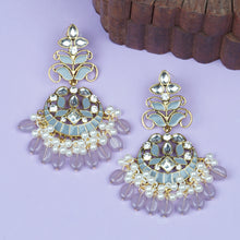 Load image into Gallery viewer, Ethnic | Gold Plated Long Earings | Kundan | Chand Ballies | Pearl | Mint | Lavender