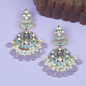 Ethnic | Gold Plated Long Earings | Kundan | Chand Ballies | Pearl | Mint | Lavender