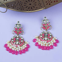 Load image into Gallery viewer, Ethnic | Gold Plated Long Earings | Kundan | Chand Ballies | Pearl | Pink