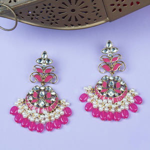 Ethnic | Gold Plated Long Earings | Kundan | Chand Ballies | Pearl | Pink