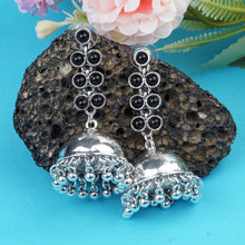 Load image into Gallery viewer, Silver Long Earings | Jhumka | Stones | Black