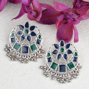 Ethnic | Silver Earings | Chand Ballies | Green | Navy | Minakari Design | Flower