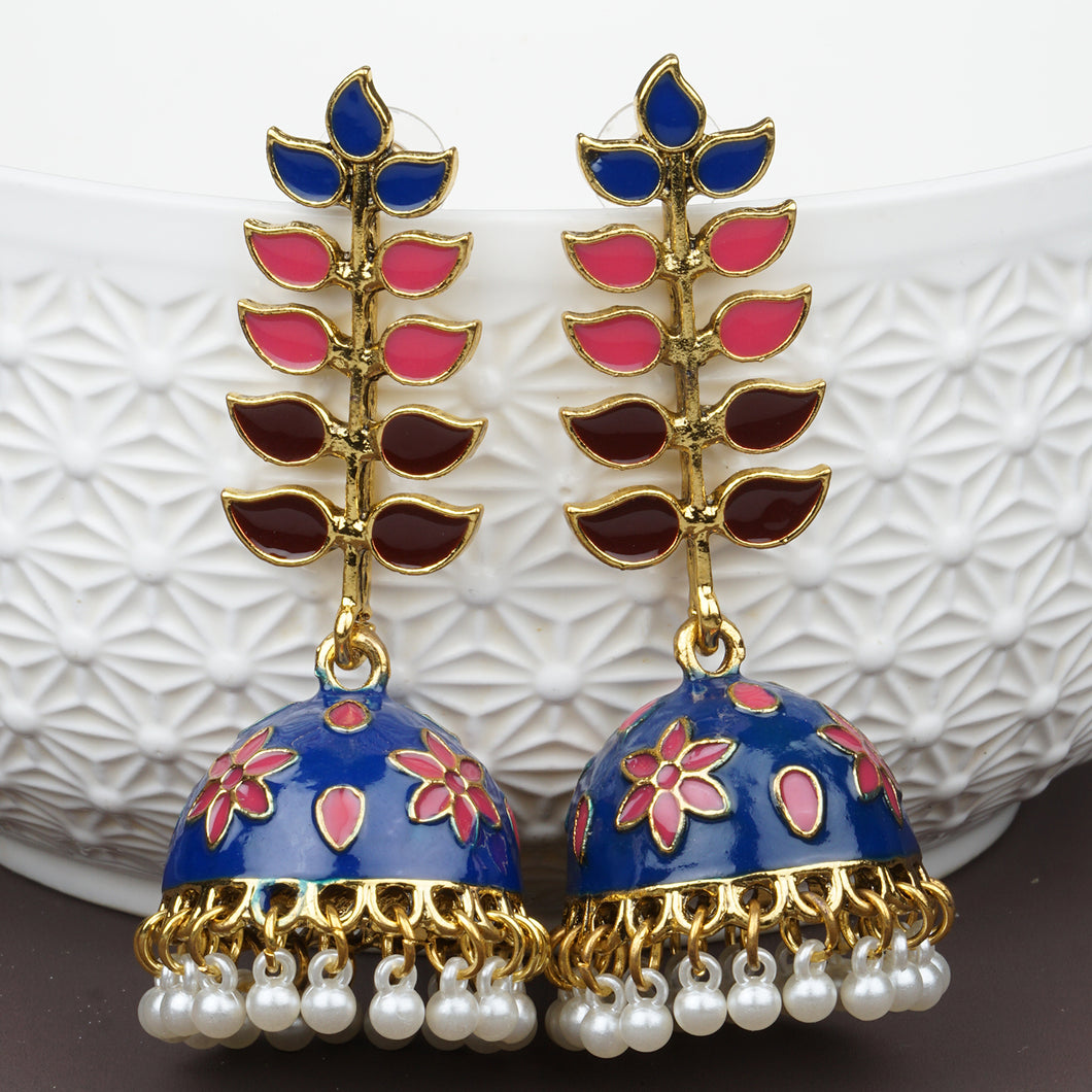 Golden Long Earings | Minakari | Multicolor |  Jhumka | Pearl | Blue
