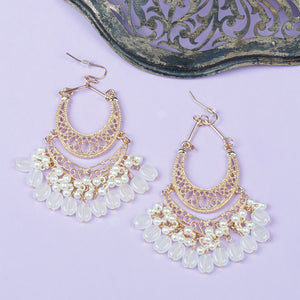 Ethnic | Gold Plated Long Earings | Chand Ballies | Pearl | White