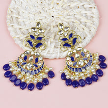 Load image into Gallery viewer, Ethnic | Gold Plated Long Earings | Kundan | Chand Ballies | Pearl | Navy Blue
