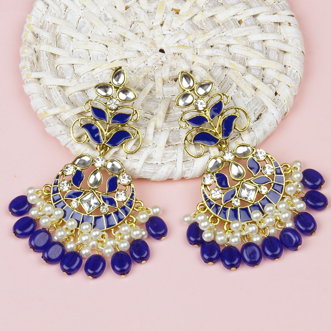 Ethnic | Gold Plated Long Earings | Kundan | Chand Ballies | Pearl | Navy Blue