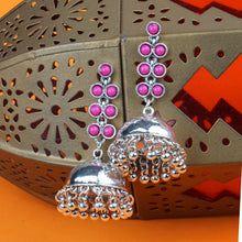 Load image into Gallery viewer, Silver Long Earings | Jhumka | Stones | Pink