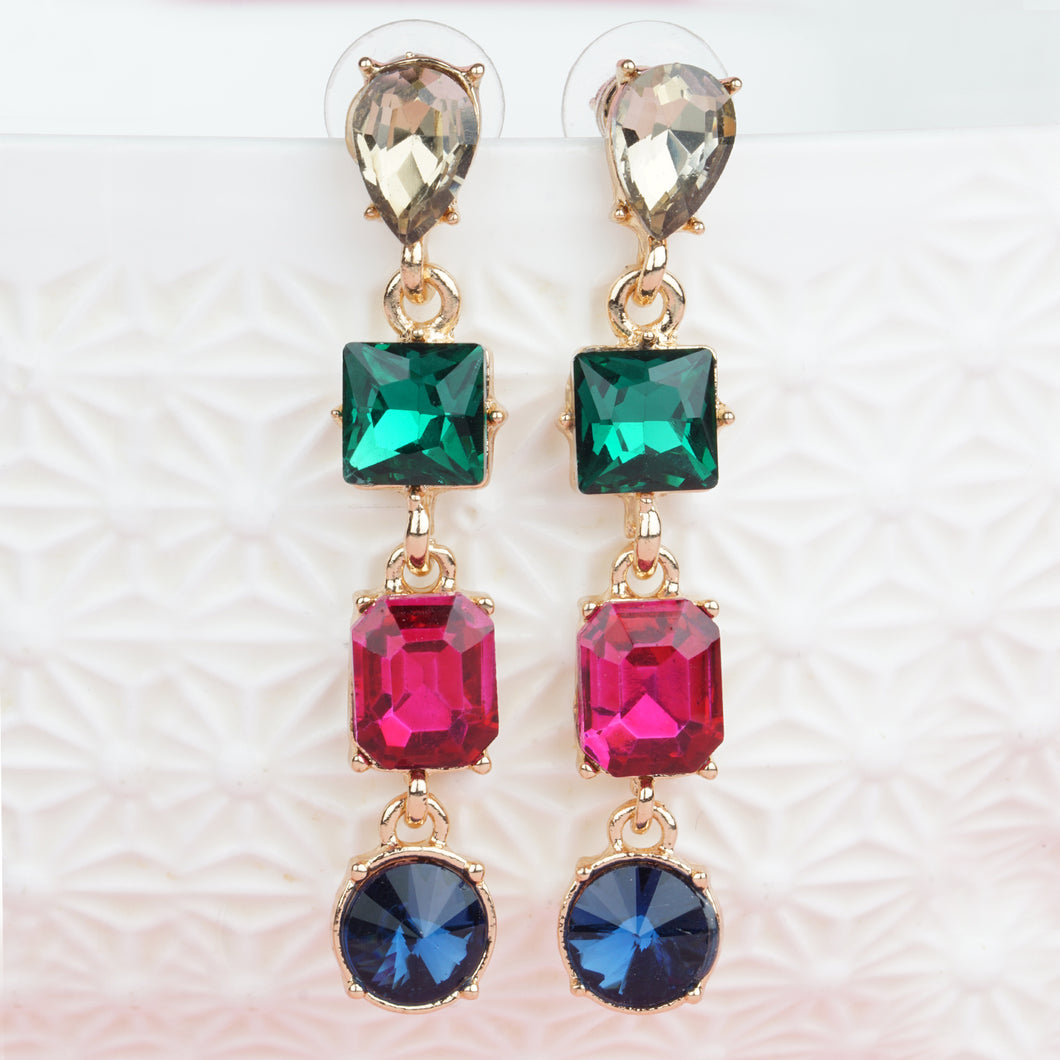 Golden Long Earings | Multi Color | CZ Stone | Hanging