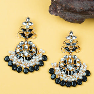 Ethnic | Gold Plated Long Earings | Kundan | Chand Ballies | Pearl | Black